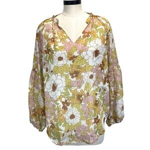 BTFBM Top Women's Size Large Multicolor Peasant Floral V Neck Long Sleeve Lined